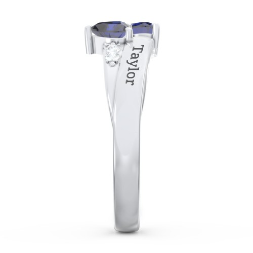 Double Heart Gemstone Ring with Accents – Sterling Silver with Blue Sapphire and Cubic Zirconia