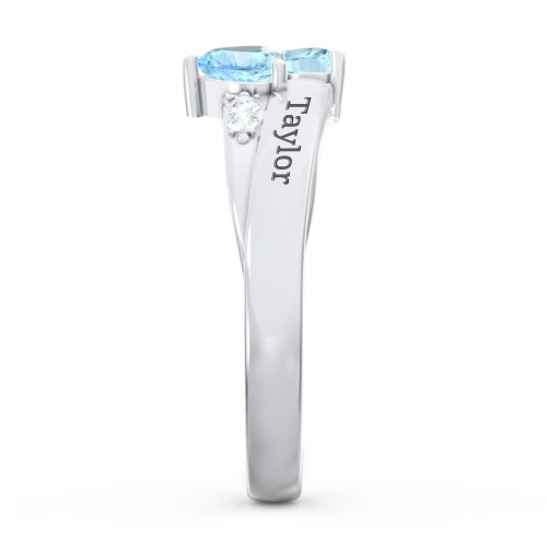 Double Heart Gemstone Ring with Accents – Sterling Silver with Blue Topaz and Cubic Zirconia