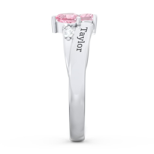 Double Heart Gemstone Ring with Accents – Sterling Silver with Pink Tourmaline and Cubic Zirconia
