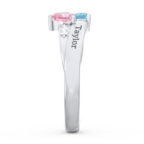 Double Heart Gemstone Ring with Accents – Sterling Silver with Blue Topaz, Pink Tourmaline, and Cubic Zirconia