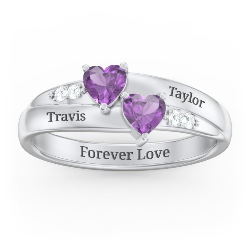 Double Heart Gemstone Ring with Accents – Sterling Silver with Amethyst and Cubic Zirconia