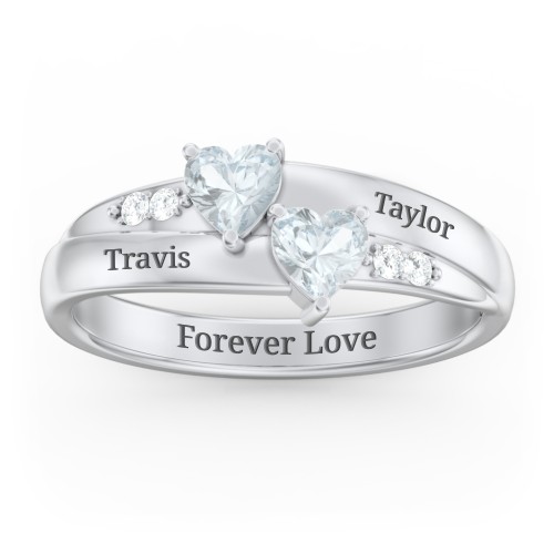 Double Heart Gemstone Ring with Accents – Sterling Silver with Aquamarine and Cubic Zirconia