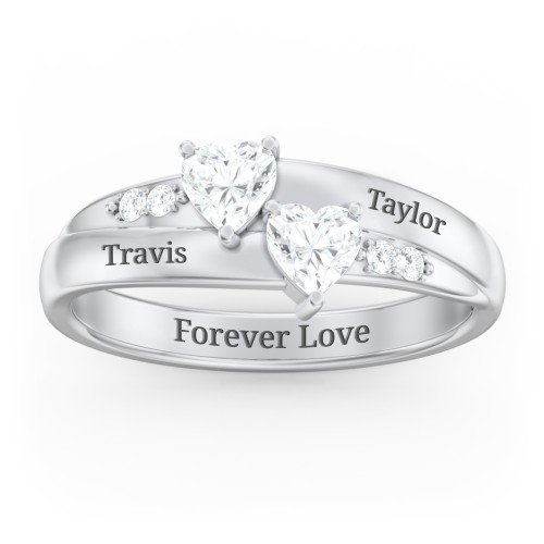 Double Heart Gemstone Ring with Accents – Sterling Silver with Diamond and Cubic Zirconia