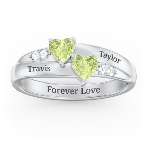 Double Heart Gemstone Ring with Accents – Sterling Silver with Peridot and Cubic Zirconia