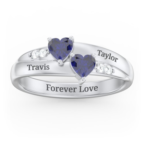 Double Heart Gemstone Ring with Accents – Sterling Silver with Blue Sapphire and Cubic Zirconia