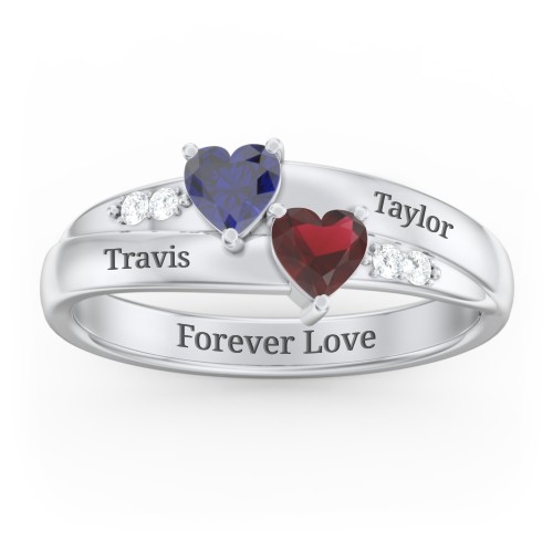 Double Heart Gemstone Ring with Accents – Sterling Silver with Blue Sapphire, Garnet, and Cubic Zirconia
