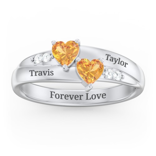 Double Heart Gemstone Ring with Accents – Sterling Silver with Citrine and Cubic Zirconia