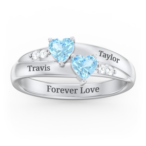 Double Heart Gemstone Ring with Accents – Sterling Silver with Blue Topaz and Cubic Zirconia