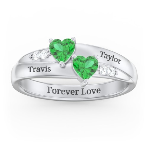 Double Heart Gemstone Ring with Accents – Sterling Silver with Emerald and Cubic Zirconia