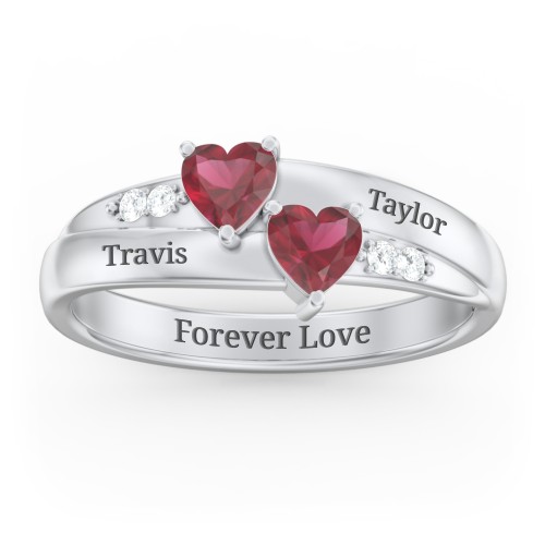 Double Heart Gemstone Ring with Accents – Sterling Silver with Ruby and Cubic Zirconia