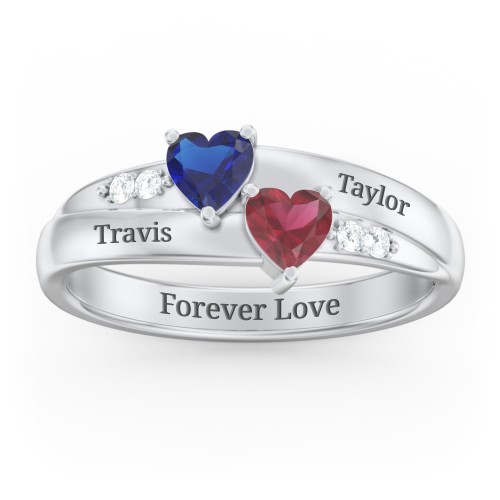 Double Heart Gemstone Ring with Accents – Sterling Silver with Blue Sapphire, Ruby, and Cubic Zirconia