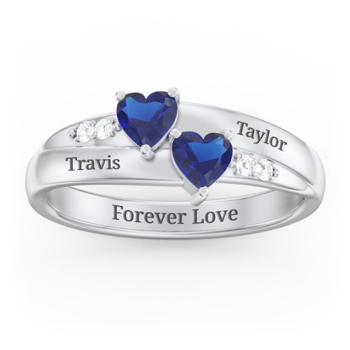 Double Heart Gemstone Ring with Accents – Sterling Silver with Blue Sapphire and Cubic Zirconia