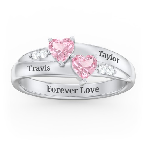 Double Heart Gemstone Ring with Accents – Sterling Silver with Pink Tourmaline and Cubic Zirconia