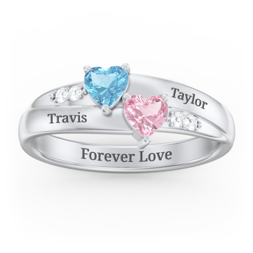 Double Heart Gemstone Ring with Accents – Sterling Silver with Blue Topaz, Pink Tourmaline, and Cubic Zirconia