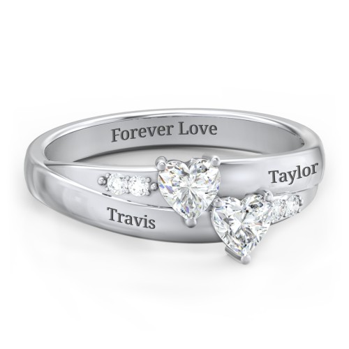 Double Heart Gemstone Ring with Accents – Sterling Silver with Diamond and Cubic Zirconia