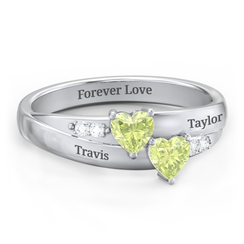 Double Heart Gemstone Ring with Accents – Sterling Silver with Peridot and Cubic Zirconia