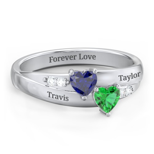 Double Heart Gemstone Ring with Accents – Sterling Silver with Blue Sapphire, Emerald, and Cubic Zirconia