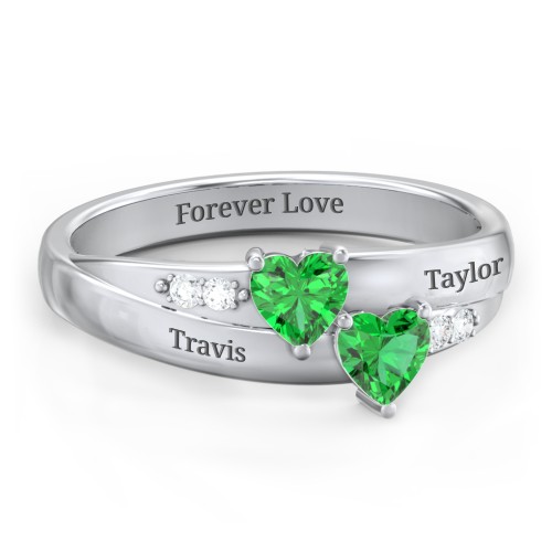 Double Heart Gemstone Ring with Accents – Sterling Silver with Emerald and Cubic Zirconia