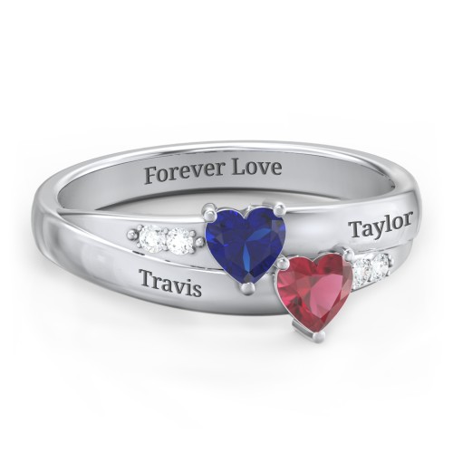 Double Heart Gemstone Ring with Accents – Sterling Silver with Blue Sapphire, Ruby, and Cubic Zirconia
