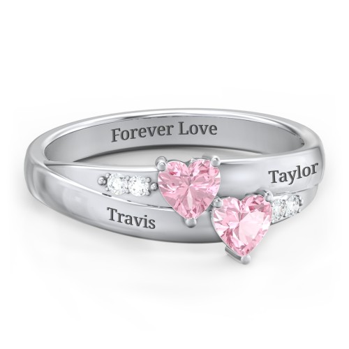 Double Heart Gemstone Ring with Accents – Sterling Silver with Pink Tourmaline and Cubic Zirconia