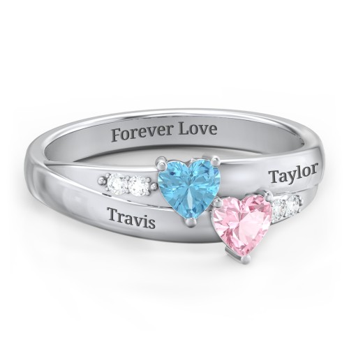Double Heart Gemstone Ring with Accents – Sterling Silver with Blue Topaz, Pink Tourmaline, and Cubic Zirconia