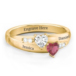 Double Heart Gemstone Ring with Accents in 10K Solid Yellow Gold with Ruby and Cubic Zirconia