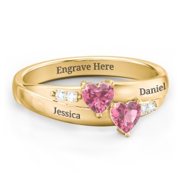 Double Heart Gemstone Ring with Accents in 10K Solid Yellow Gold with Pink Tourmaline