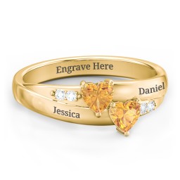 Double Heart Gemstone Ring with Accents in 10K Solid Yellow Gold with Citrine