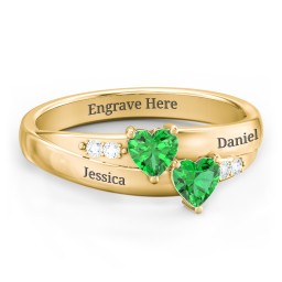 Double Heart Gemstone Ring with Accents in 10K Solid Yellow Gold with Emerald