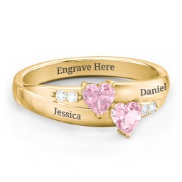 Double Heart Gemstone Ring with Accents in 10K Solid Yellow Gold with Pink Tourmaline