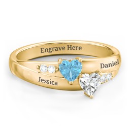 Double Heart Gemstone Ring with Accents in 10K Solid Yellow Gold with Blue Topaz and Cubic Zirconia