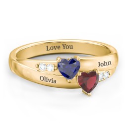 Double Heart Gemstone Ring with Accents in 10K Solid Yellow Gold with Garnet and Blue Sapphire