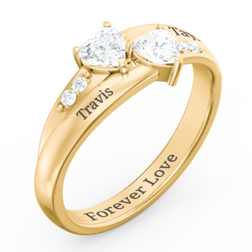 Double Heart Gemstone Ring with Accents – 10K Yellow Gold with Diamond and Cubic Zirconia
