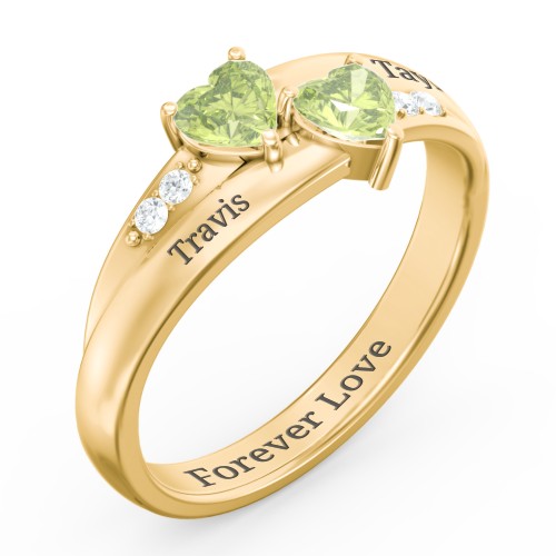 Double Heart Gemstone Ring with Accents – 10K Yellow Gold with Peridot and Cubic Zirconia