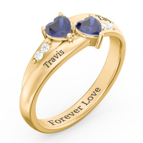 Double Heart Gemstone Ring with Accents – 10K Yellow Gold with Blue Sapphire and Cubic Zirconia