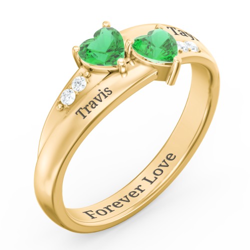 Double Heart Gemstone Ring with Accents – 10K Yellow Gold with Emerald and Cubic Zirconia