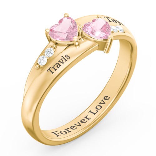 Double Heart Gemstone Ring with Accents – 10K Yellow Gold with Pink Tourmaline and Cubic Zirconia