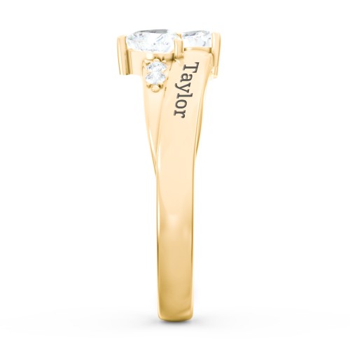 Double Heart Gemstone Ring with Accents – 10K Yellow Gold with Diamond and Cubic Zirconia