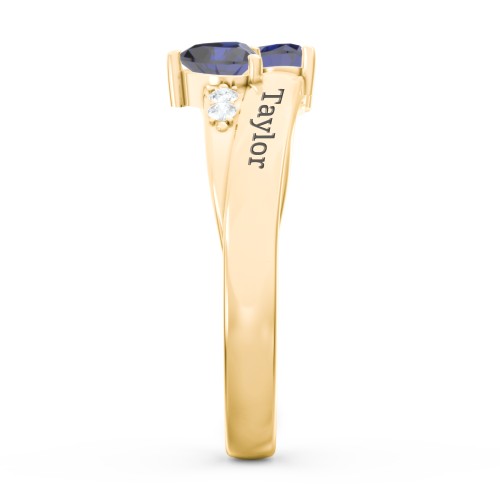 Double Heart Gemstone Ring with Accents – 10K Yellow Gold with Blue Sapphire and Cubic Zirconia