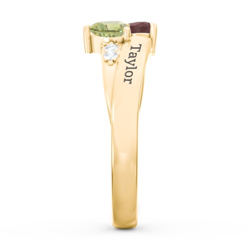 Double Heart Gemstone Ring with Accents – 10K Yellow Gold with Garnet, Peridot, and Cubic Zirconia