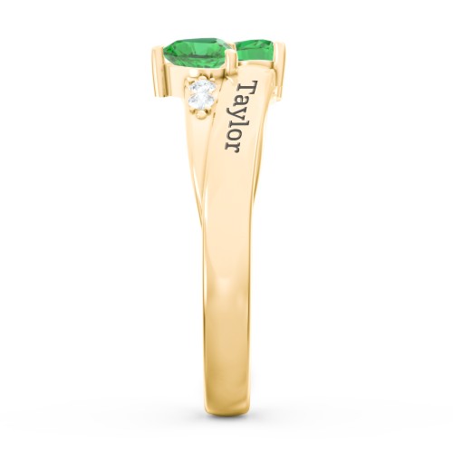 Double Heart Gemstone Ring with Accents – 10K Yellow Gold with Emerald and Cubic Zirconia