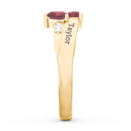 Double Heart Gemstone Ring with Accents – 10K Yellow Gold with Ruby and Cubic Zirconia