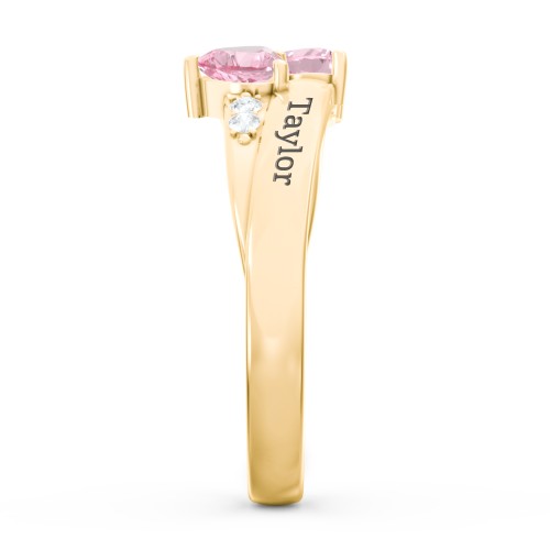 Double Heart Gemstone Ring with Accents – 10K Yellow Gold with Pink Tourmaline and Cubic Zirconia