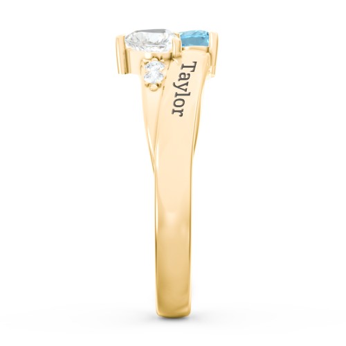Double Heart Gemstone Ring with Accents – 10K Yellow Gold with Blue Topaz and Cubic Zirconia