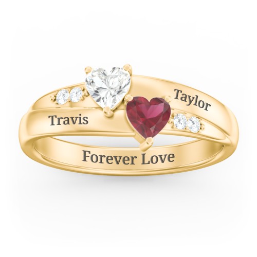 Double Heart Gemstone Ring with Accents – 10K Yellow Gold with Cubic Zirconia and Ruby