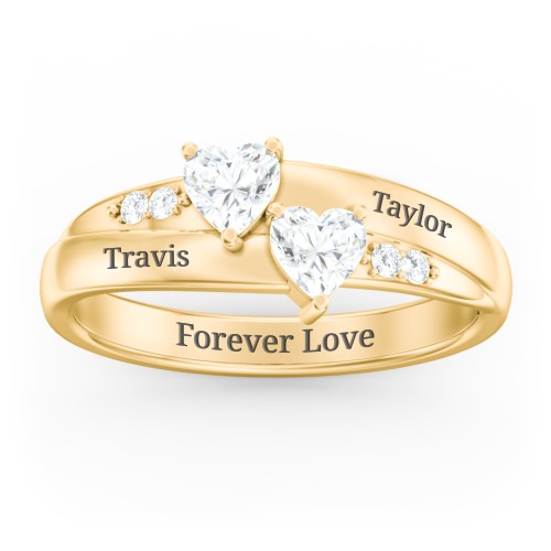Double Heart Gemstone Ring with Accents – 10K Yellow Gold with Diamond and Cubic Zirconia