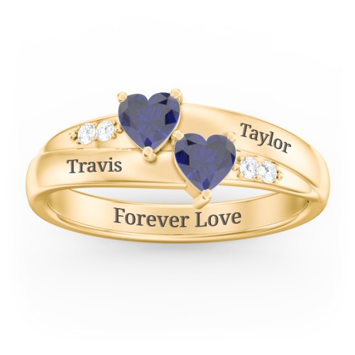 Double Heart Gemstone Ring with Accents – 10K Yellow Gold with Blue Sapphire and Cubic Zirconia