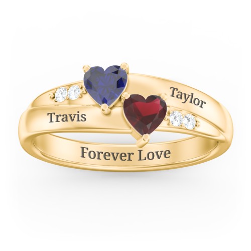 Double Heart Gemstone Ring with Accents – 10K Yellow Gold with Blue Sapphire, Garnet, and Cubic Zirconia