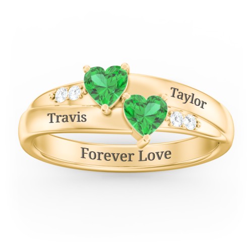 Double Heart Gemstone Ring with Accents – 10K Yellow Gold with Emerald and Cubic Zirconia