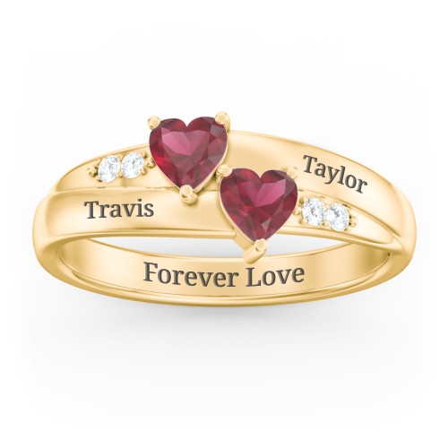 Double Heart Gemstone Ring with Accents – 10K Yellow Gold with Ruby and Cubic Zirconia